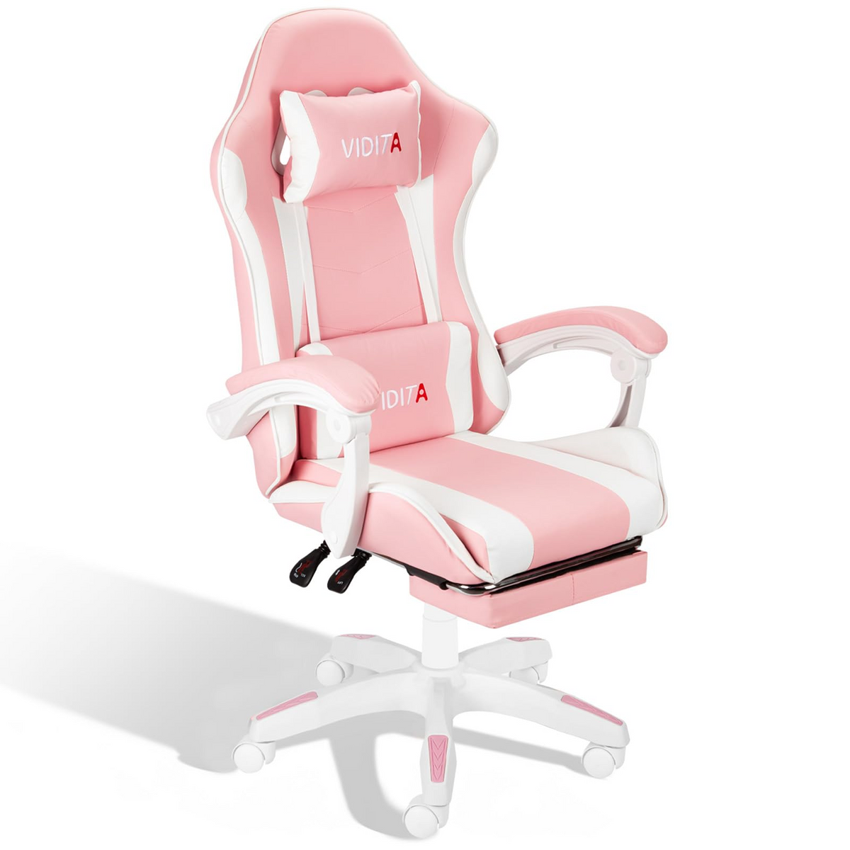 VIDITA｜Pink gaming chair with extendable footrest and lumbar support, ergonomic reclining gaming chair equipped with adjustable neck and lumbar pillows, comfortable PC seat suitable for both women and men.