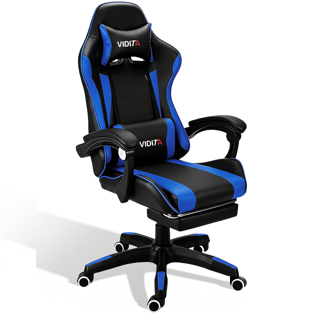 VIDITA Ergonomic Gaming Chair, High-Quality PU Leather, 90-135° Reclining, Supports up to 130 kg, Retractable Footrest, Neck and Back Support, Ideal for Streaming, Home, and Work