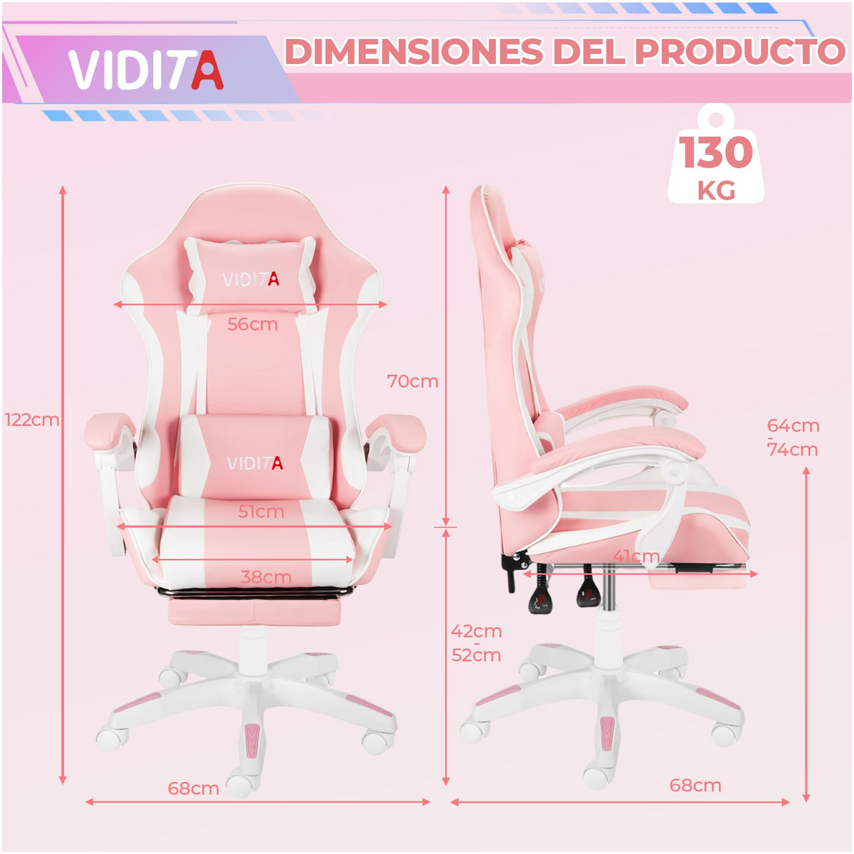 VIDITA｜Pink gaming chair with extendable footrest and lumbar support, ergonomic reclining gaming chair equipped with adjustable neck and lumbar pillows, comfortable PC seat suitable for both women and men.