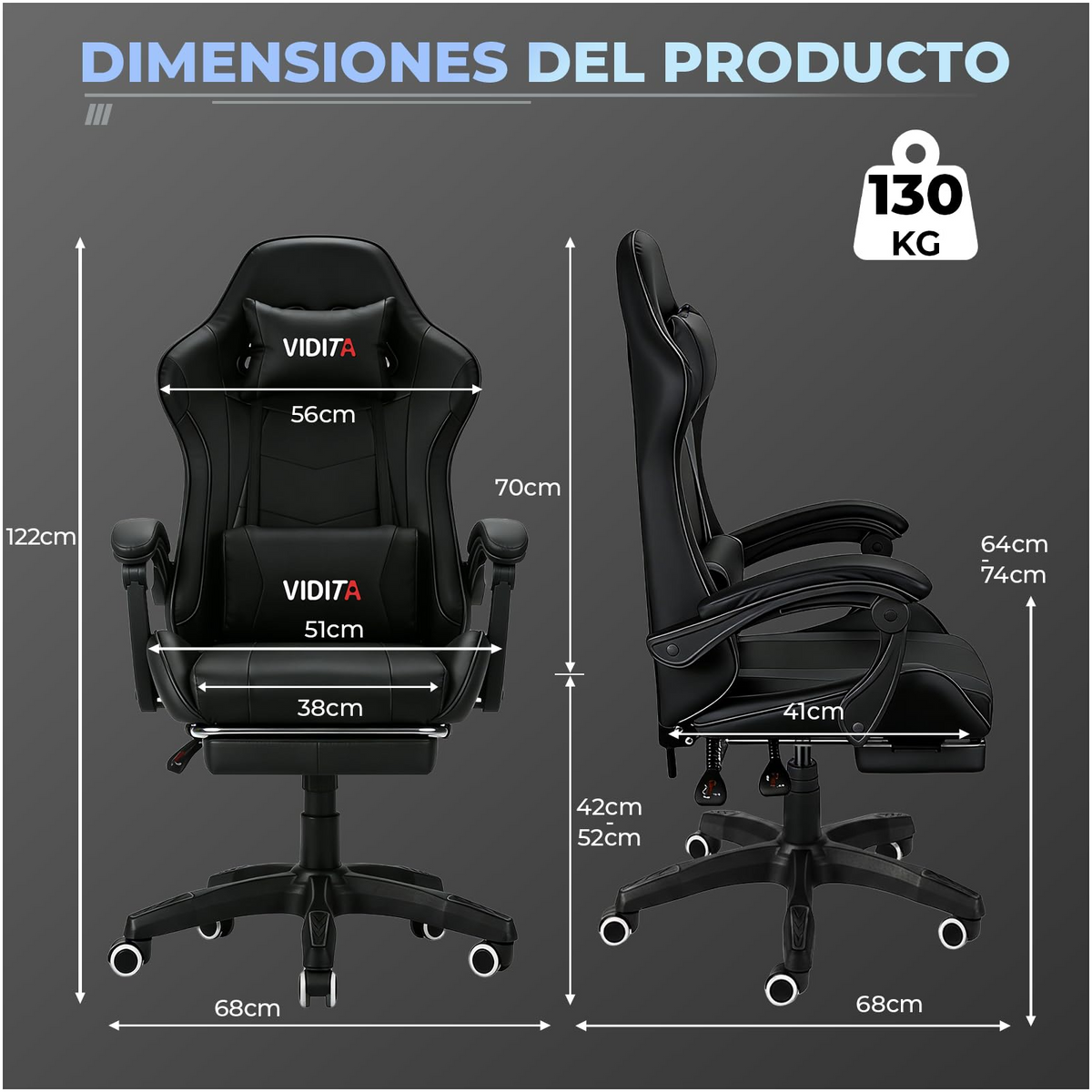 VIDITA | eSports office chair with backrest | Adjustable height | Modern and minimalist eSports office chair | Equipped with adjustable footrest and lumbar support