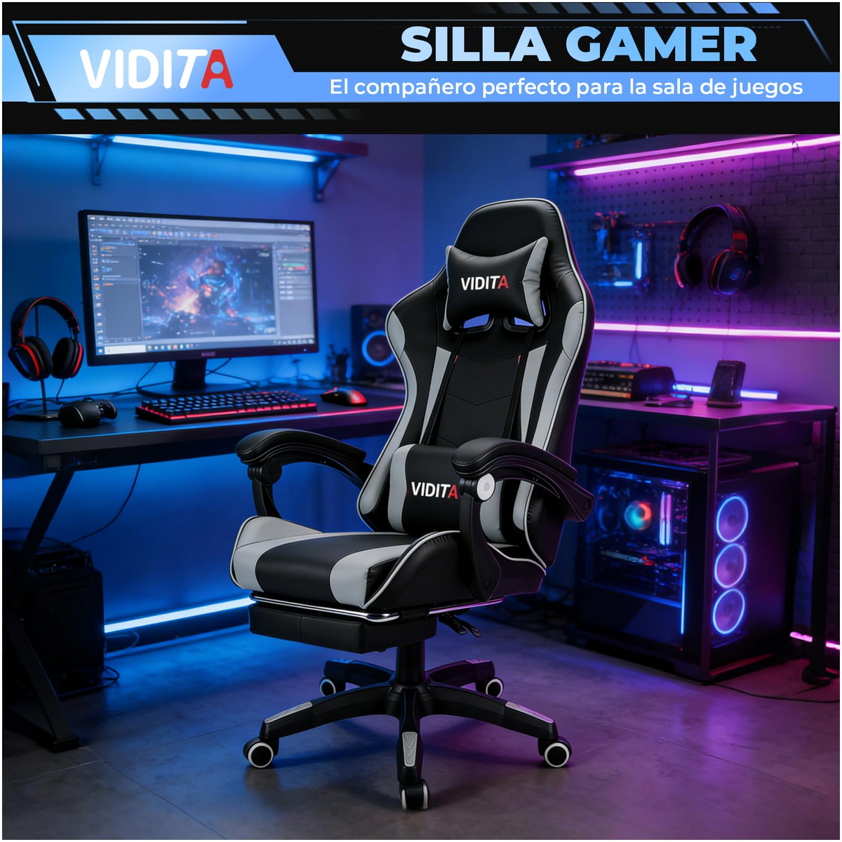 VIDITA｜Ergonomic Gaming Chair, Adjustable Height, 90°-135° Reclining, Cervical and Lumbar Support, Durable PU Leather, Supports up to 130kg, Various Colors Available