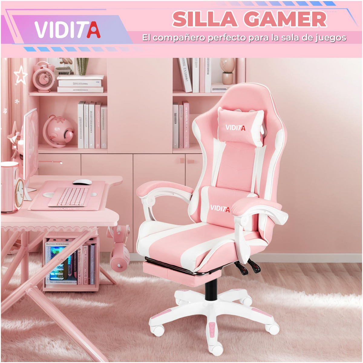VIDITA｜Pink gaming chair with extendable footrest and lumbar support, ergonomic reclining gaming chair equipped with adjustable neck and lumbar pillows, comfortable PC seat suitable for both women and men.