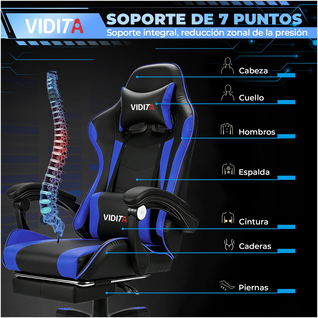 VIDITA Ergonomic Gaming Chair, High-Quality PU Leather, 90-135° Reclining, Supports up to 130 kg, Retractable Footrest, Neck and Back Support, Ideal for Streaming, Home, and Work