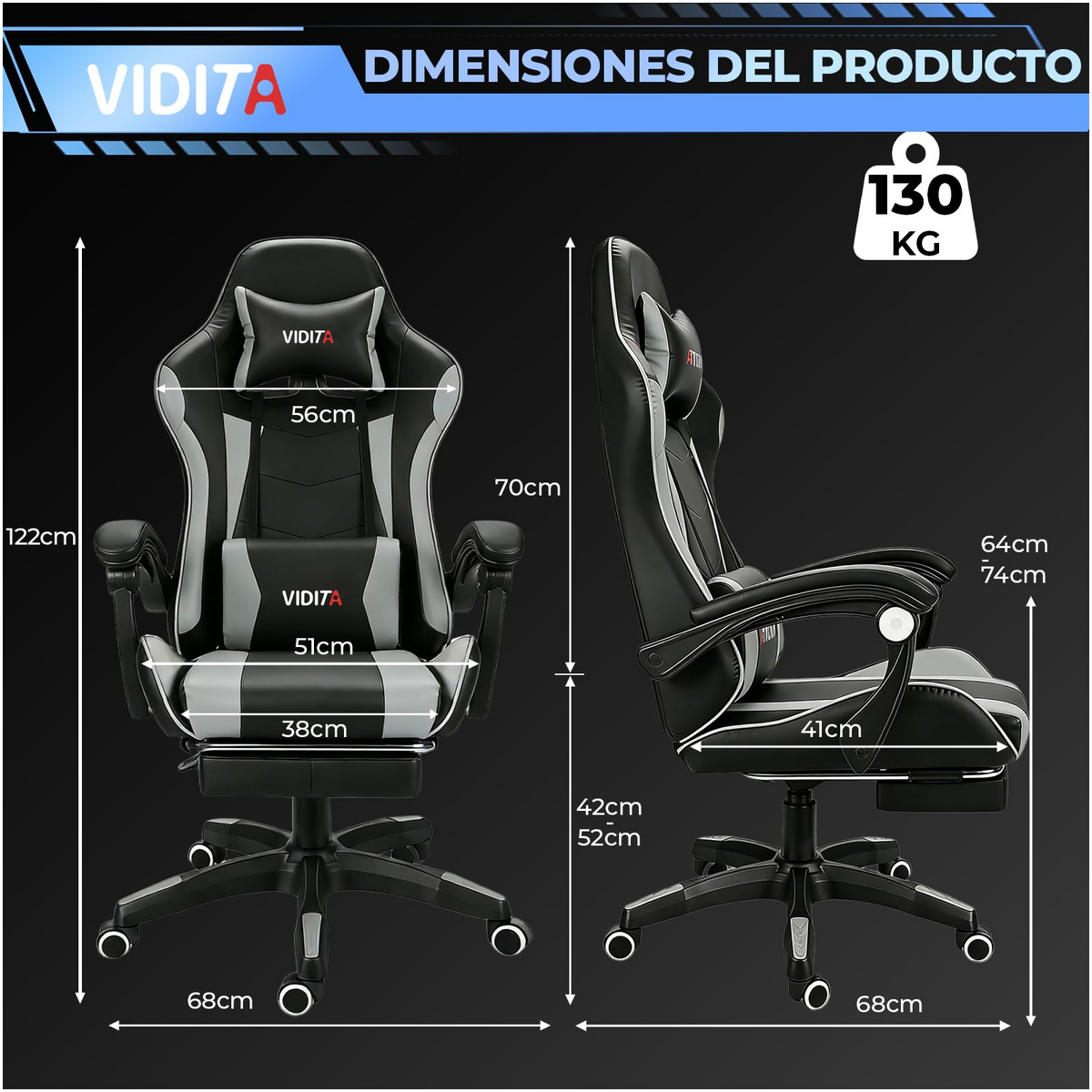 VIDITA｜Ergonomic Gaming Chair, Adjustable Height, 90°-135° Reclining, Cervical and Lumbar Support, Durable PU Leather, Supports up to 130kg, Various Colors Available