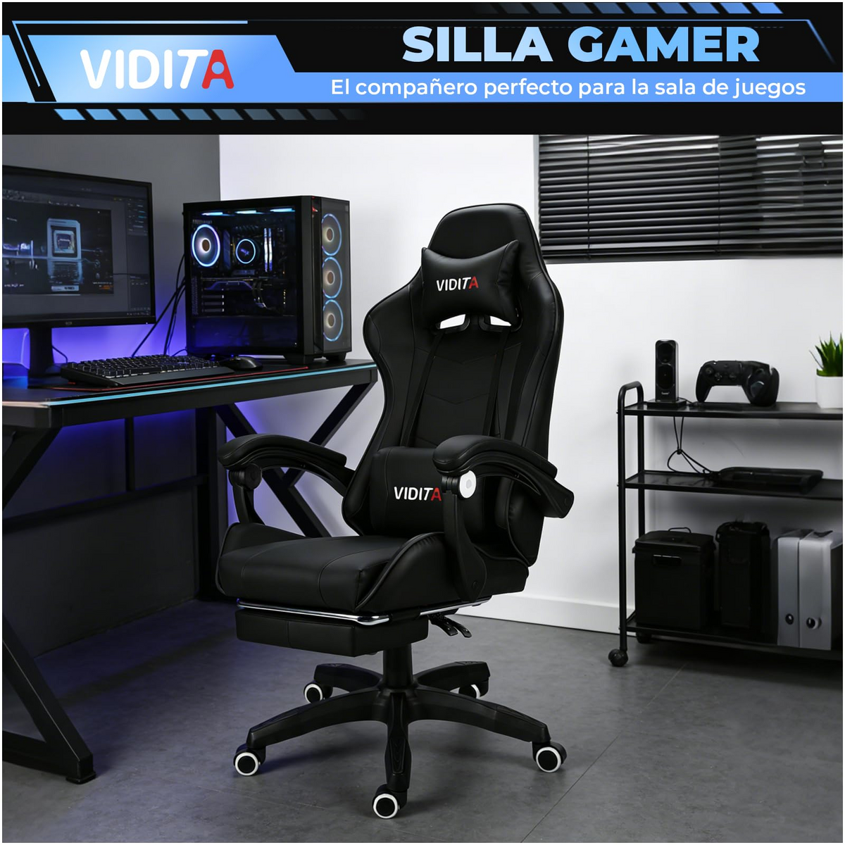 VIDITA | eSports office chair with backrest | Adjustable height | Modern and minimalist eSports office chair | Equipped with adjustable footrest and lumbar support