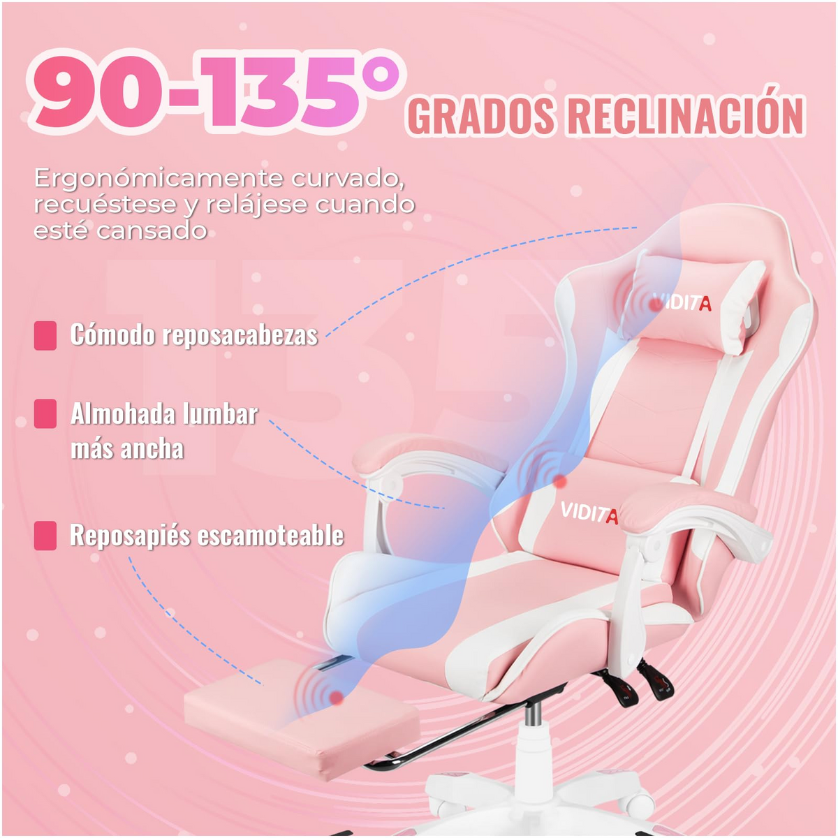VIDITA｜Pink gaming chair with extendable footrest and lumbar support, ergonomic reclining gaming chair equipped with adjustable neck and lumbar pillows, comfortable PC seat suitable for both women and men.