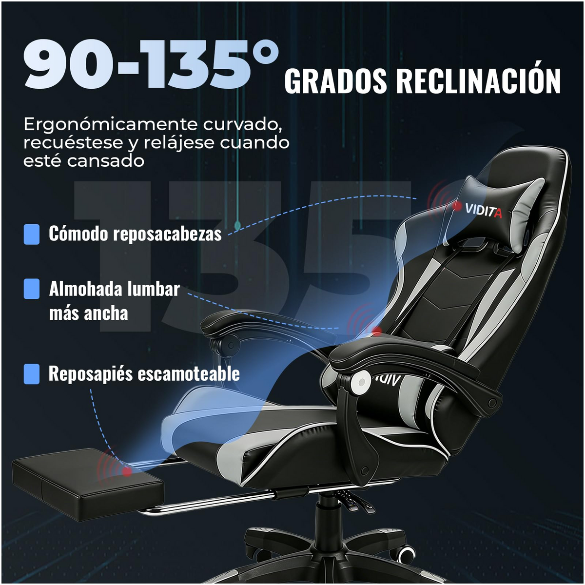 VIDITA｜Ergonomic Gaming Chair, Adjustable Height, 90°-135° Reclining, Cervical and Lumbar Support, Durable PU Leather, Supports up to 130kg, Various Colors Available