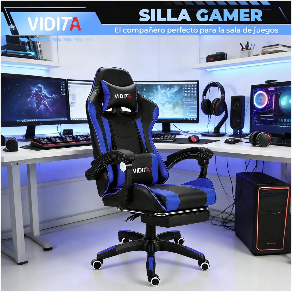 VIDITA Ergonomic Gaming Chair, High-Quality PU Leather, 90-135° Reclining, Supports up to 130 kg, Retractable Footrest, Neck and Back Support, Ideal for Streaming, Home, and Work