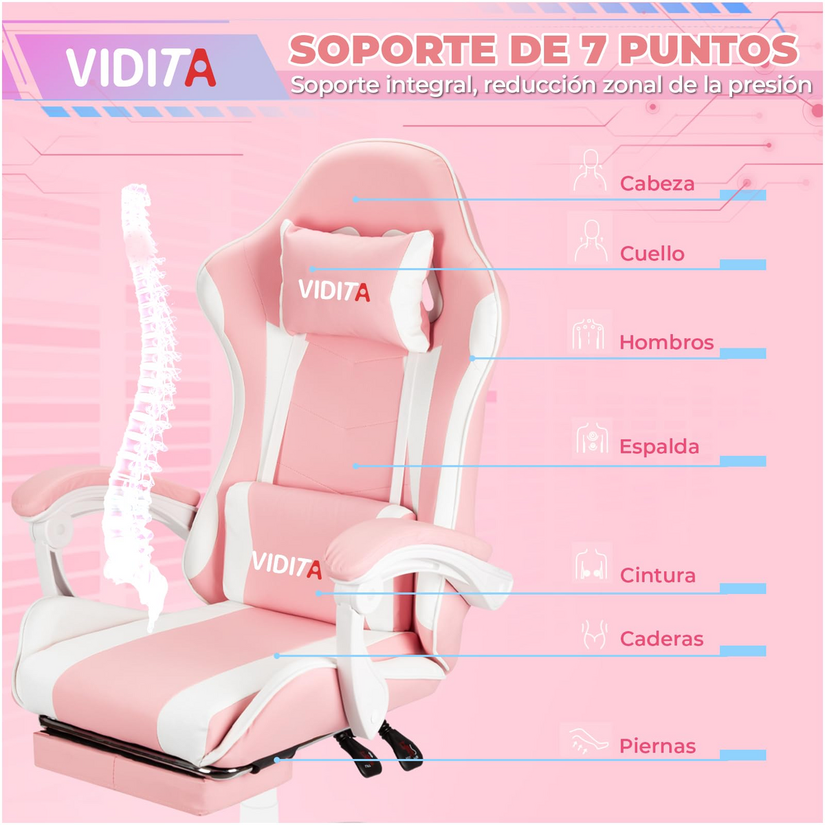 VIDITA｜Pink gaming chair with extendable footrest and lumbar support, ergonomic reclining gaming chair equipped with adjustable neck and lumbar pillows, comfortable PC seat suitable for both women and men.