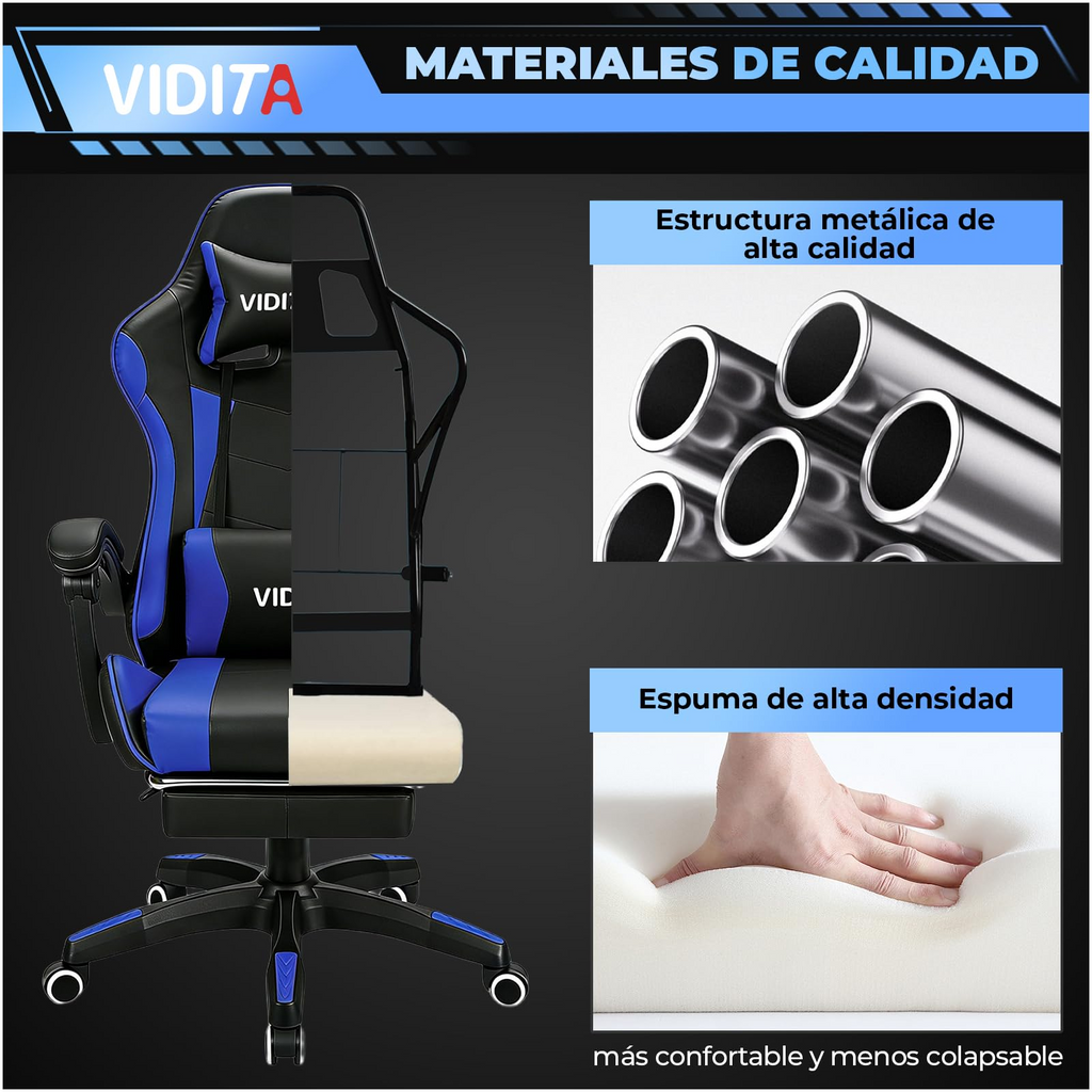 VIDITA Ergonomic Gaming Chair, High-Quality PU Leather, 90-135° Reclining, Supports up to 130 kg, Retractable Footrest, Neck and Back Support, Ideal for Streaming, Home, and Work