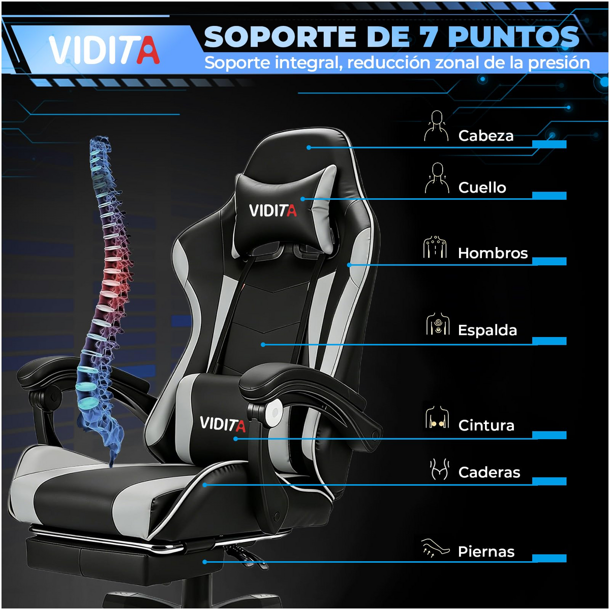 VIDITA｜Ergonomic Gaming Chair, Adjustable Height, 90°-135° Reclining, Cervical and Lumbar Support, Durable PU Leather, Supports up to 130kg, Various Colors Available