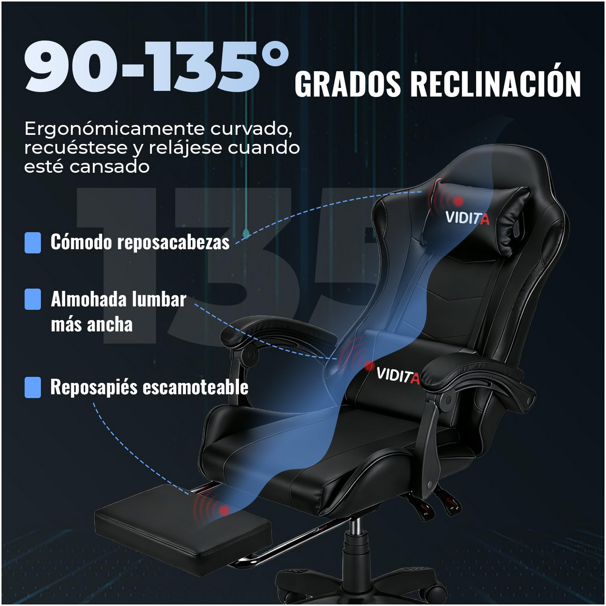 VIDITA | eSports office chair with backrest | Adjustable height | Modern and minimalist eSports office chair | Equipped with adjustable footrest and lumbar support