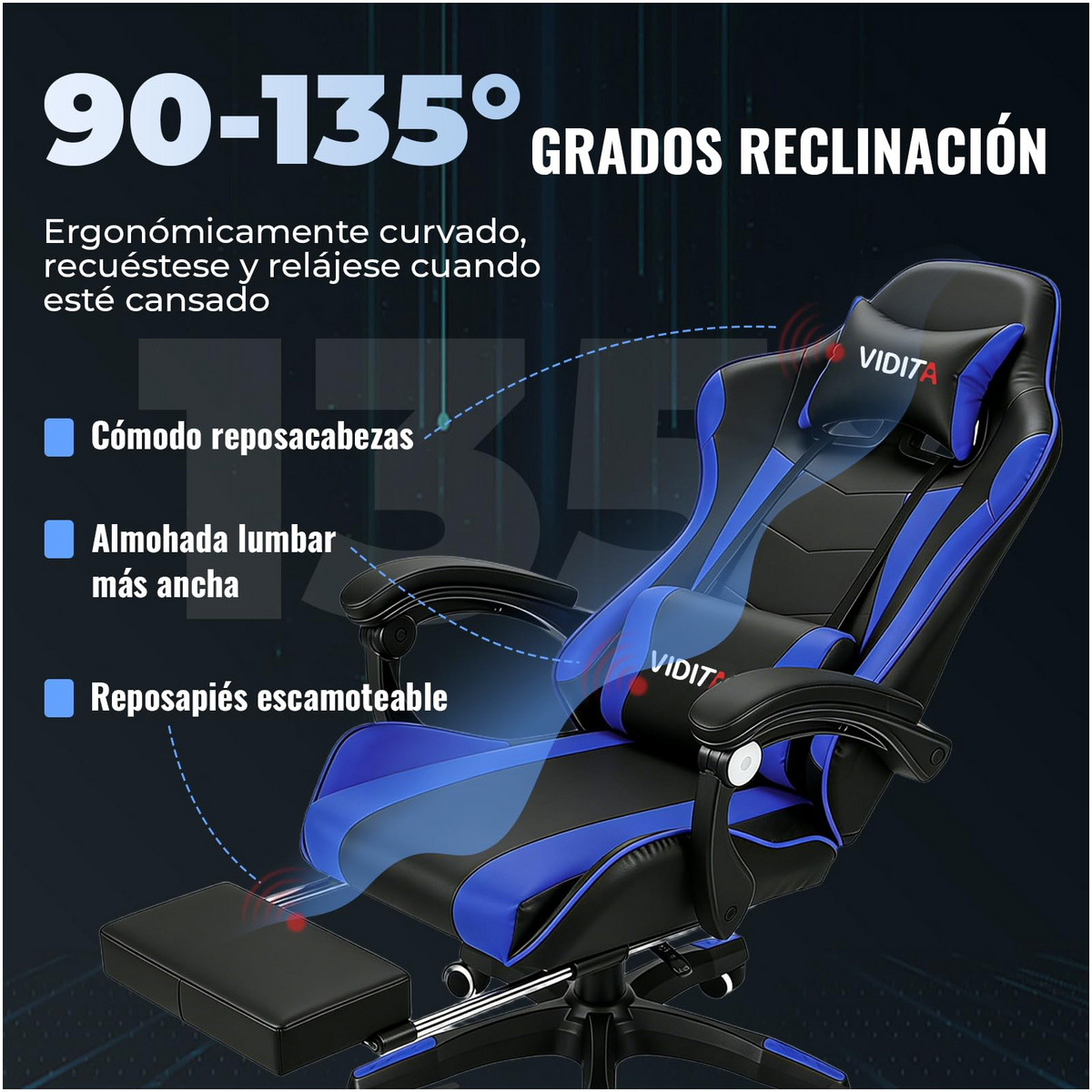VIDITA Ergonomic Gaming Chair, High-Quality PU Leather, 90-135° Reclining, Supports up to 130 kg, Retractable Footrest, Neck and Back Support, Ideal for Streaming, Home, and Work