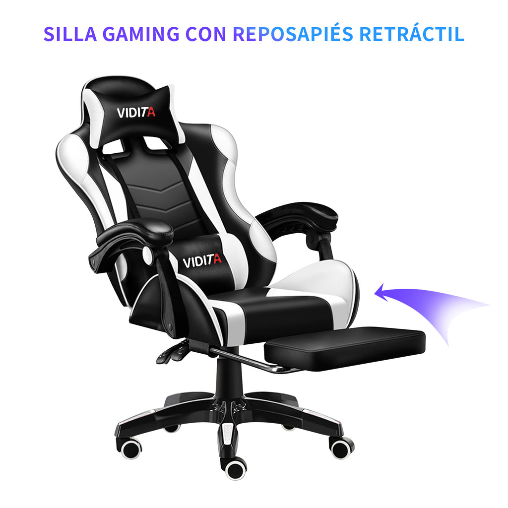VIDITA | Black and white gaming chair with telescopic footrest and lumbar support, adjustable ergonomic armchair with footrest and adjustable neck and lumbar cushions, featuring a comfortable seat ideal for computer use.