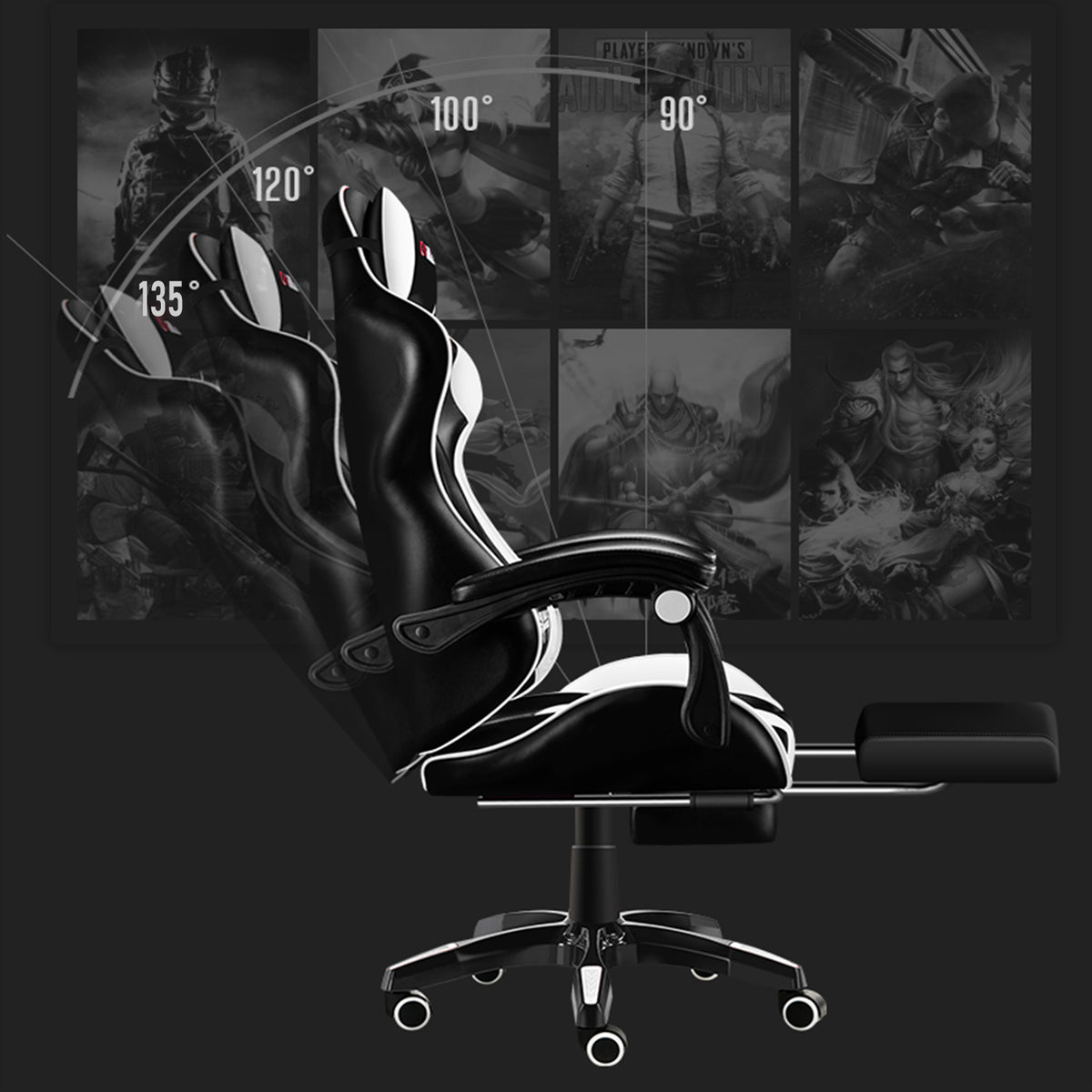 VIDITA | Black and white gaming chair with telescopic footrest and lumbar support, adjustable ergonomic armchair with footrest and adjustable neck and lumbar cushions, featuring a comfortable seat ideal for computer use.