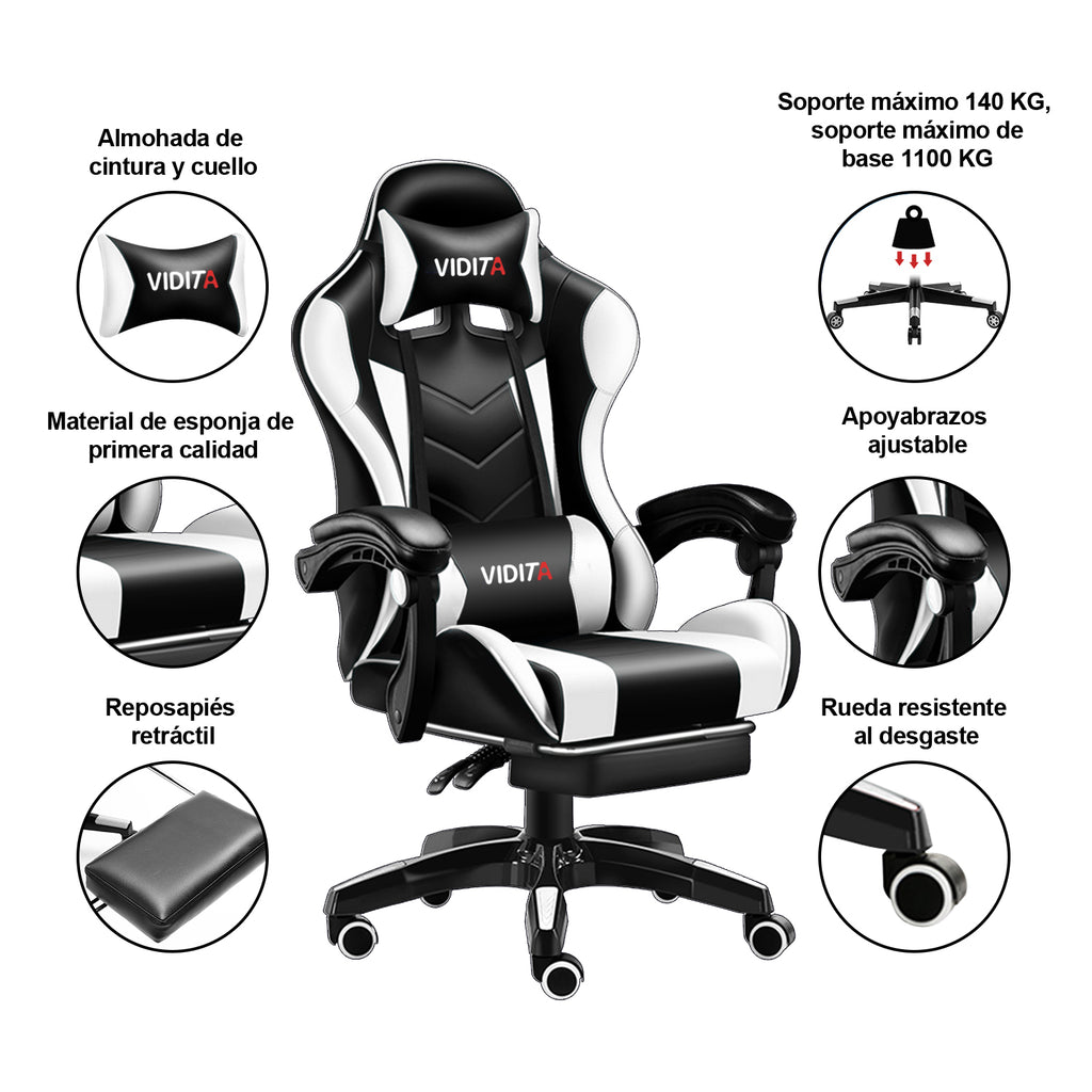 VIDITA | Black and white gaming chair with telescopic footrest and lumbar support, adjustable ergonomic armchair with footrest and adjustable neck and lumbar cushions, featuring a comfortable seat ideal for computer use.