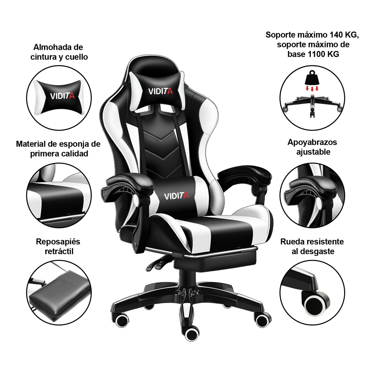 VIDITA | Black and white gaming chair with telescopic footrest and lumbar support, adjustable ergonomic armchair with footrest and adjustable neck and lumbar cushions, featuring a comfortable seat ideal for computer use.