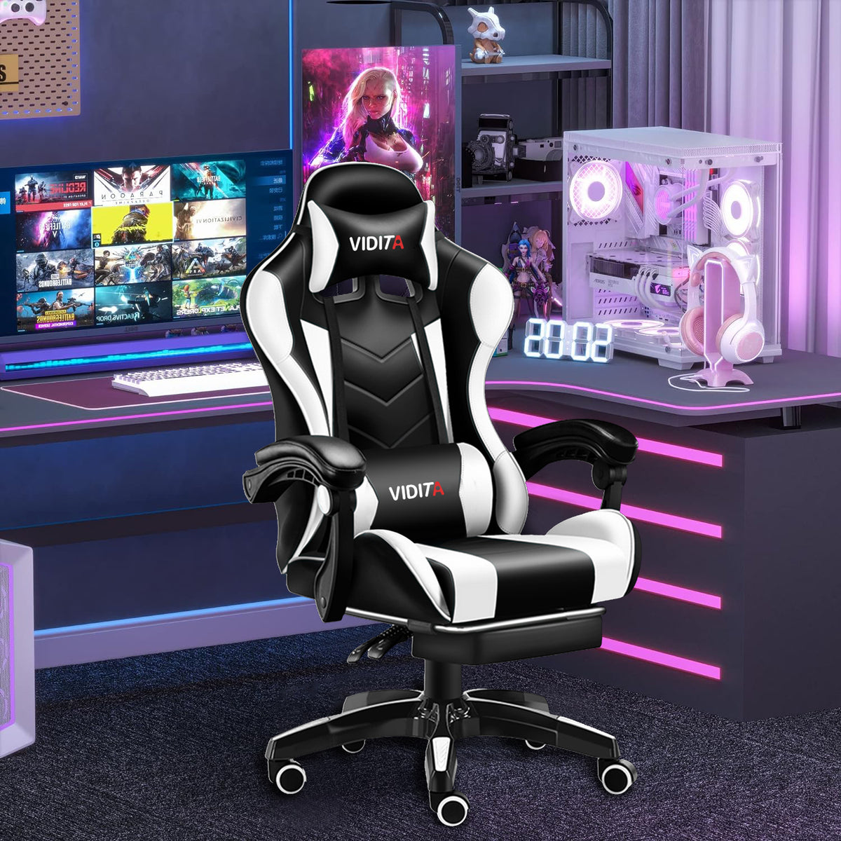 VIDITA | Black and white gaming chair with telescopic footrest and lumbar support, adjustable ergonomic armchair with footrest and adjustable neck and lumbar cushions, featuring a comfortable seat ideal for computer use.