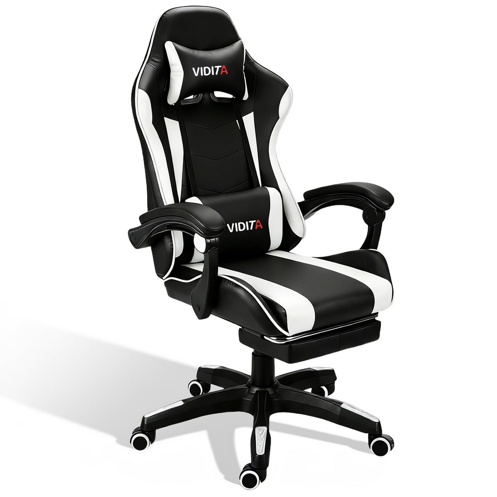 VIDITA | Black and white gaming chair with telescopic footrest and lumbar support, adjustable ergonomic armchair with footrest and adjustable neck and lumbar cushions, featuring a comfortable seat ideal for computer use.