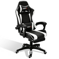 VIDITA | Black and white gaming chair with telescopic footrest and lumbar support, adjustable ergonomic armchair with footrest and adjustable neck and lumbar cushions, featuring a comfortable seat ideal for computer use.