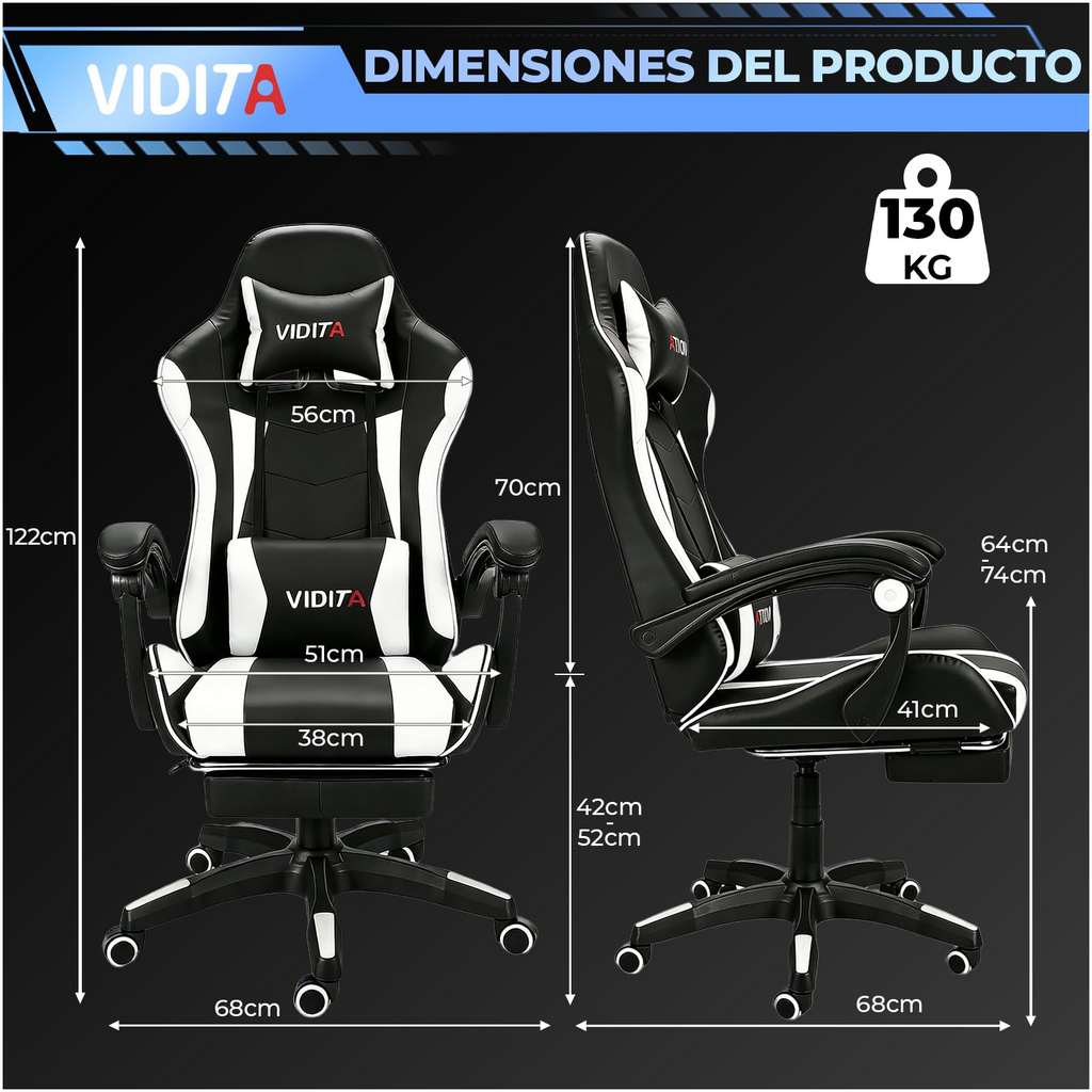 VIDITA | Black and white gaming chair with telescopic footrest and lumbar support, adjustable ergonomic armchair with footrest and adjustable neck and lumbar cushions, featuring a comfortable seat ideal for computer use.