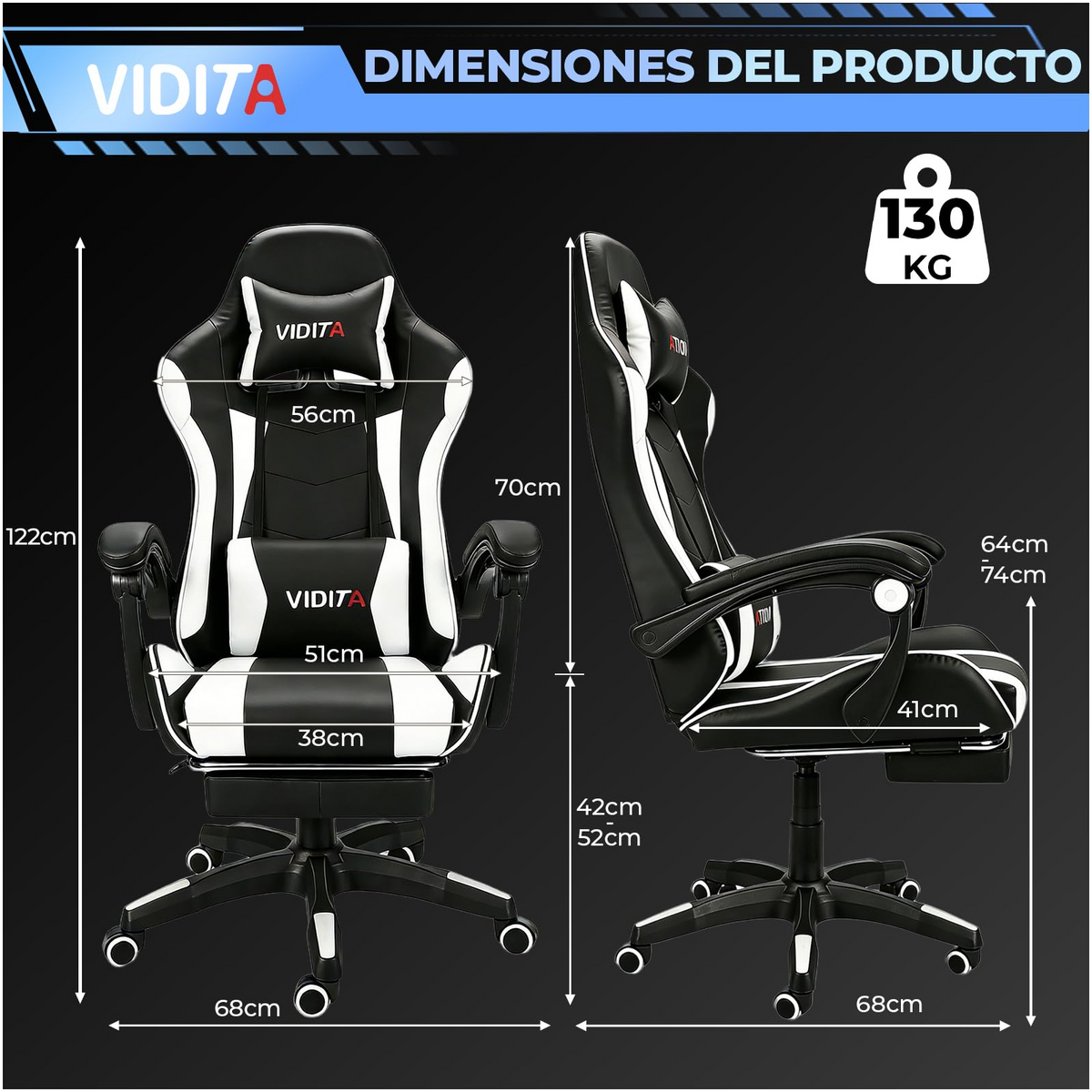 VIDITA | Black and white gaming chair with telescopic footrest and lumbar support, adjustable ergonomic armchair with footrest and adjustable neck and lumbar cushions, featuring a comfortable seat ideal for computer use.