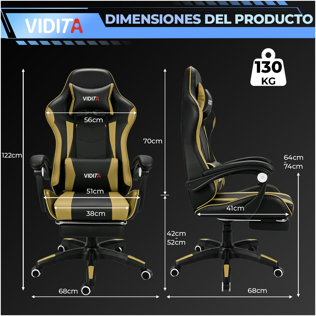 VIDITA | Ergonomic Gaming Chair, Adjustable, Reclinable up to 135°, Lumbar Support, Retractable Footrest, Durable Armrests, Swivel Chair Ideal for Office, Remote Work, and Home Gaming