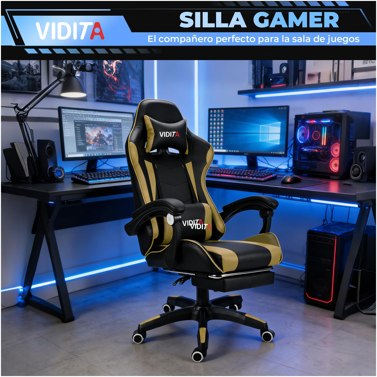 VIDITA | Ergonomic Gaming Chair, Adjustable, Reclinable up to 135°, Lumbar Support, Retractable Footrest, Durable Armrests, Swivel Chair Ideal for Office, Remote Work, and Home Gaming