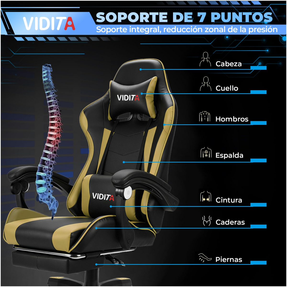 VIDITA | Ergonomic Gaming Chair, Adjustable, Reclinable up to 135°, Lumbar Support, Retractable Footrest, Durable Armrests, Swivel Chair Ideal for Office, Remote Work, and Home Gaming