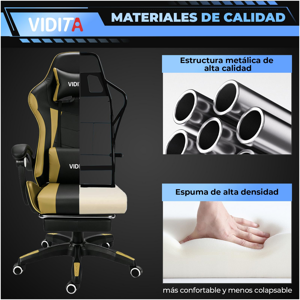 VIDITA | Silla Ergonómica Gaming Regulable Reclinable hasta 135°, Soporte Lumbar, Reposapiés Extensible, Apoyabrazos Resistentes, Silla Giratoria Ideal para Oficina, Teletrabajo y Videojuegos en Casa